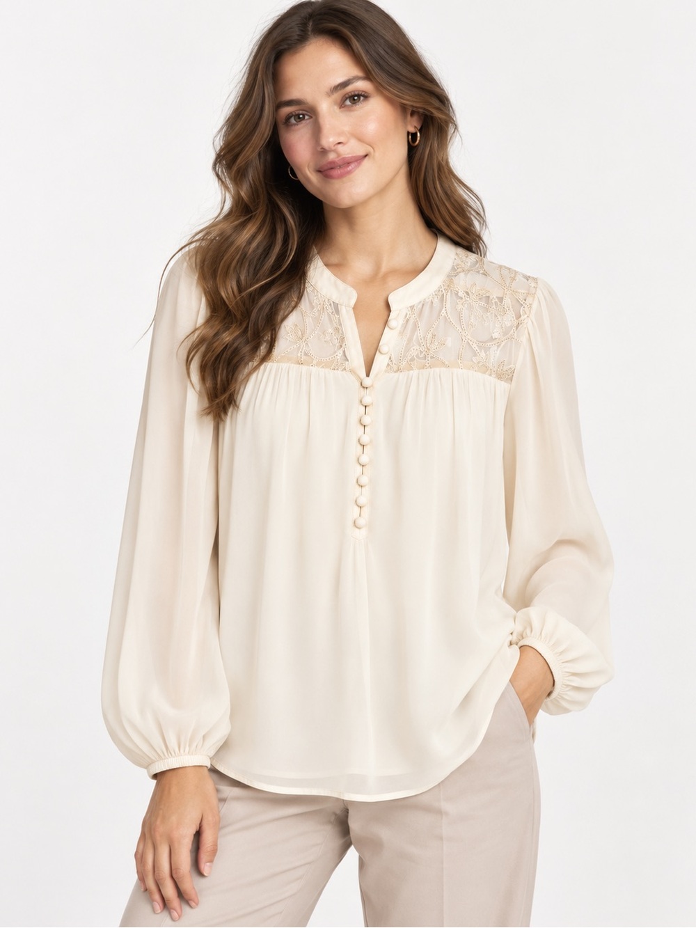 Democracy Cream Lace Yoke Button-Front Blouse